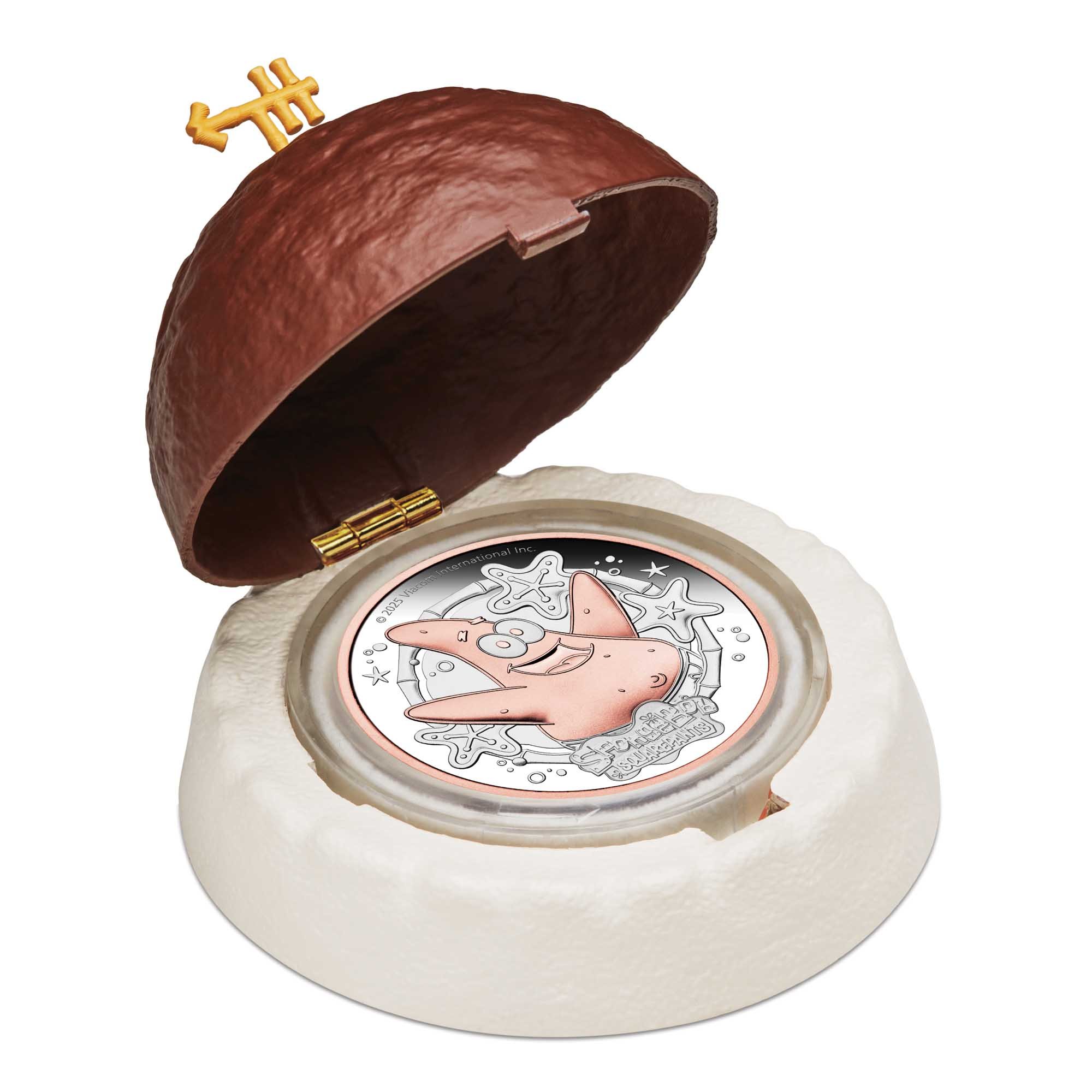 04 Spongebob SquarePants Patrick Star 2025 2oz Silver Rose Gold Gilded Gilded Coin in case open HighRes
