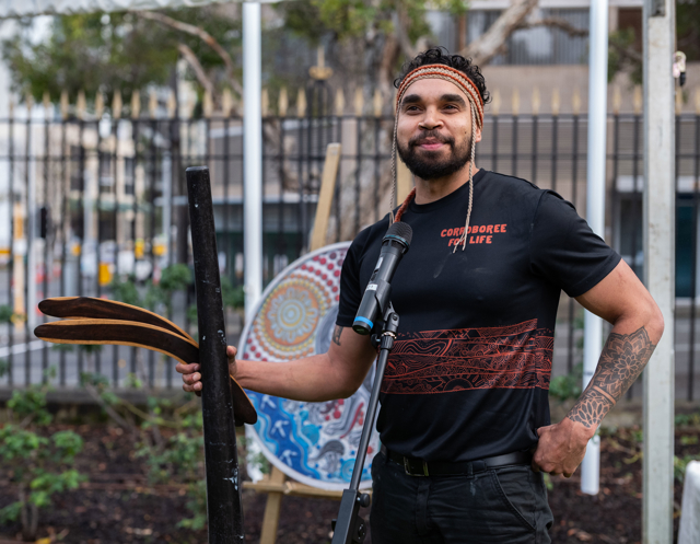 Corroboree for Life member performing an Acknowledgement of Country
