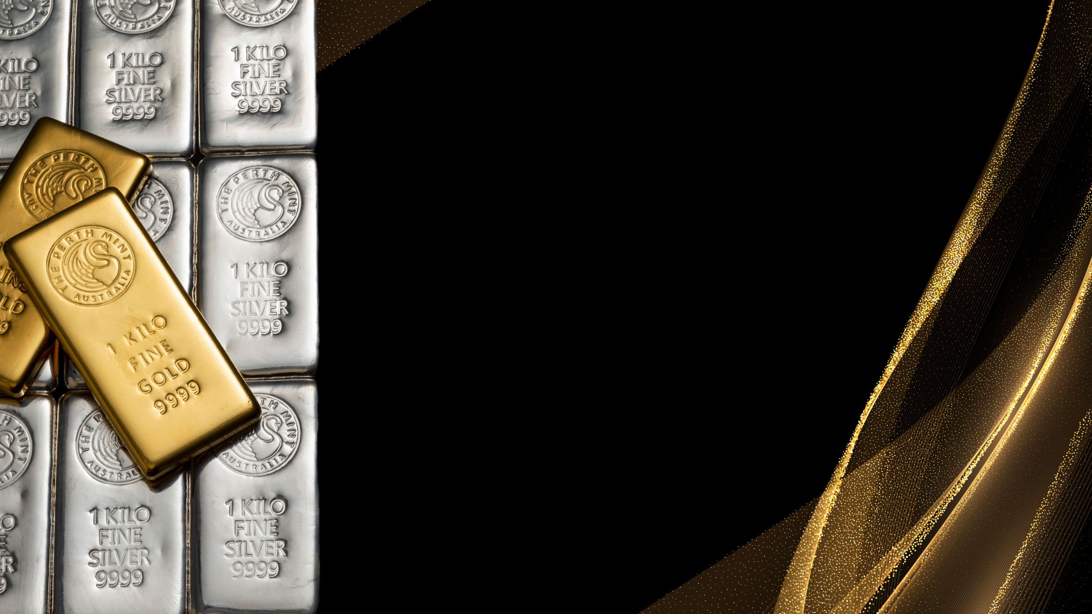 Gold and silver Perth Mint bars on black and gold background